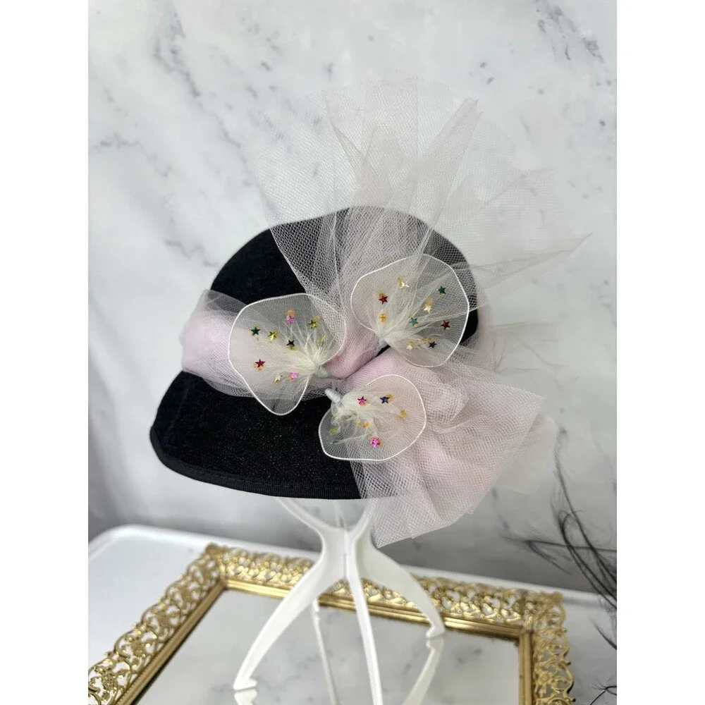 Vintage 1950s 60s Woven Cloche Hat Pink Tulle Bow Star Cocktail Fascinator MCM